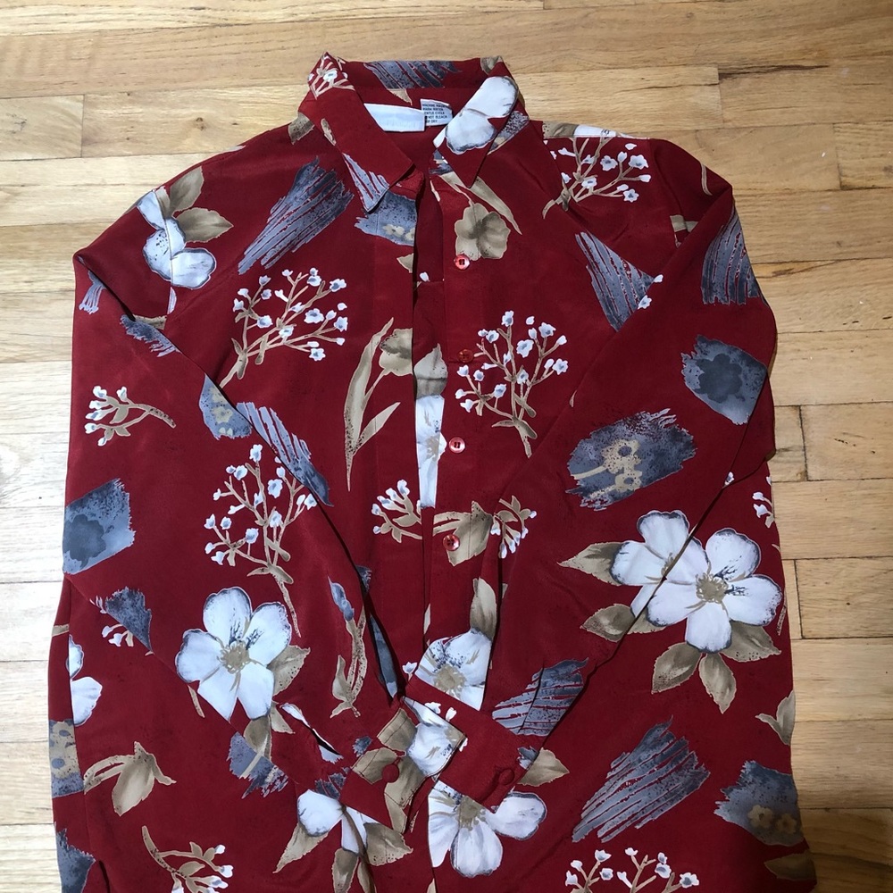 Red floral button up blouse